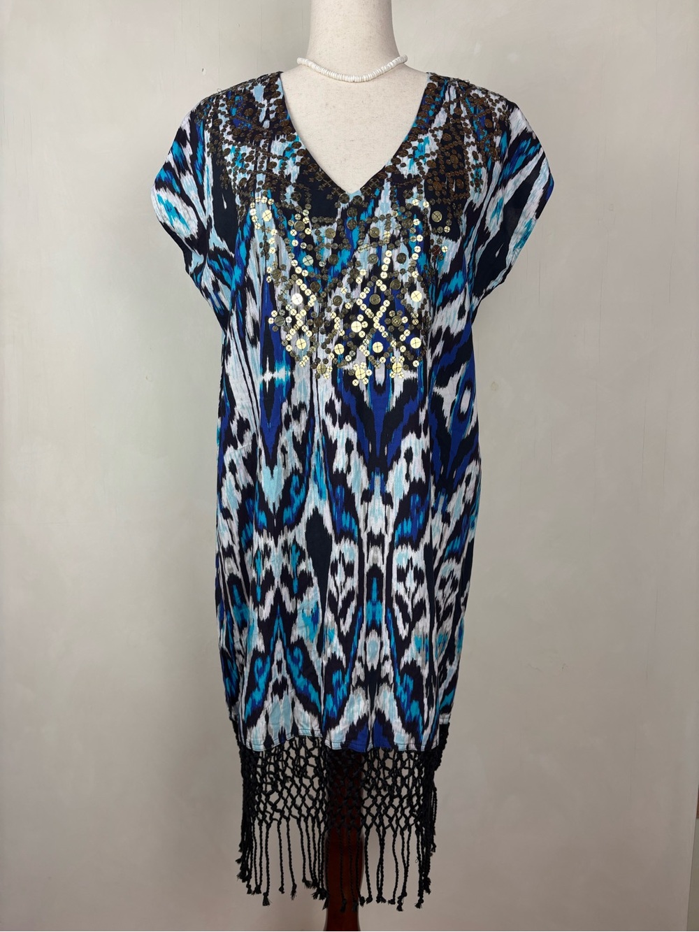 Figue Blue Ikat Sequin Crochet Dress XS Luxury Swim Beach Travel Summer Boho